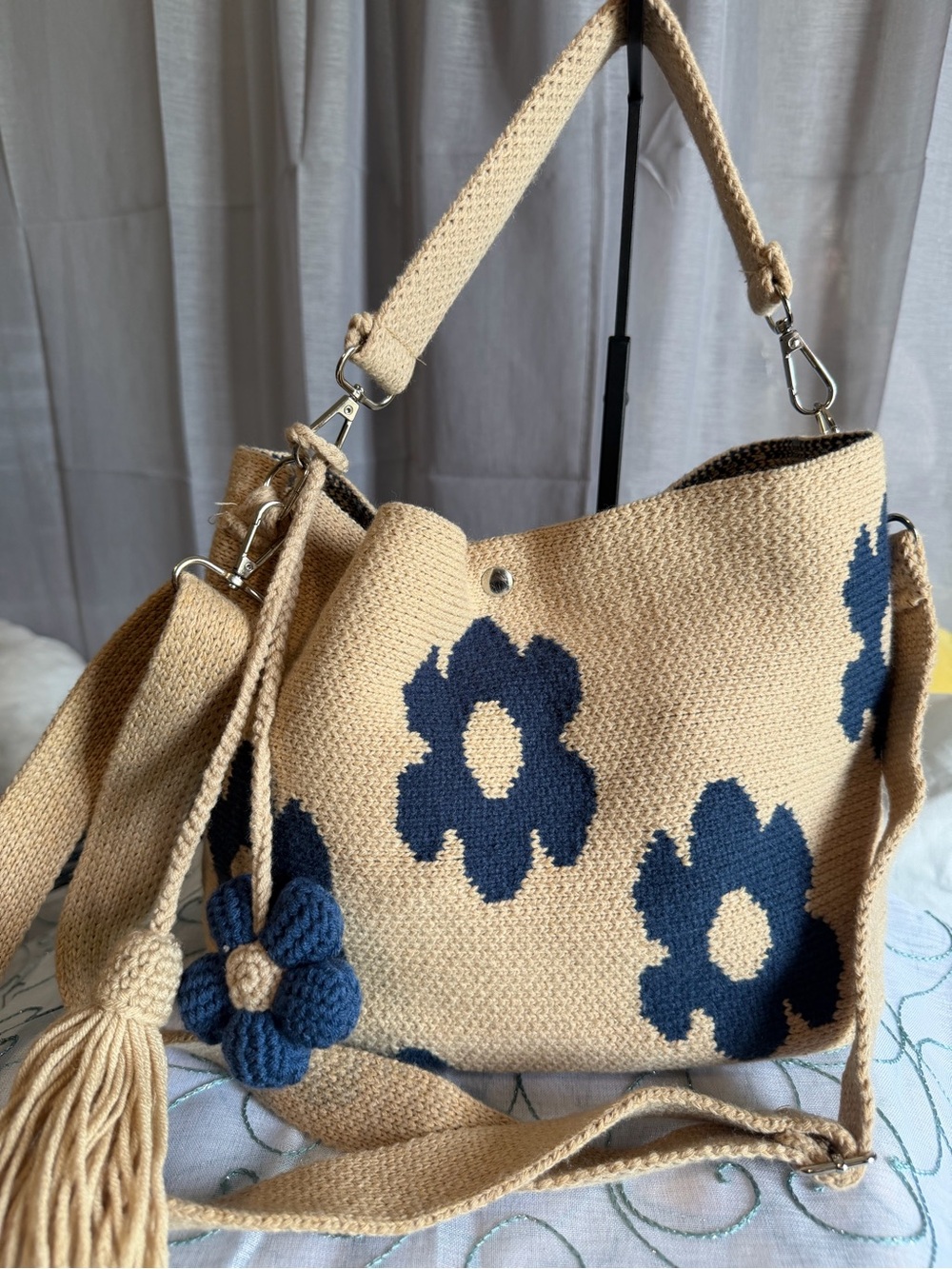 Beige Woven Crossbody Bag with Navy Floral Appliqué